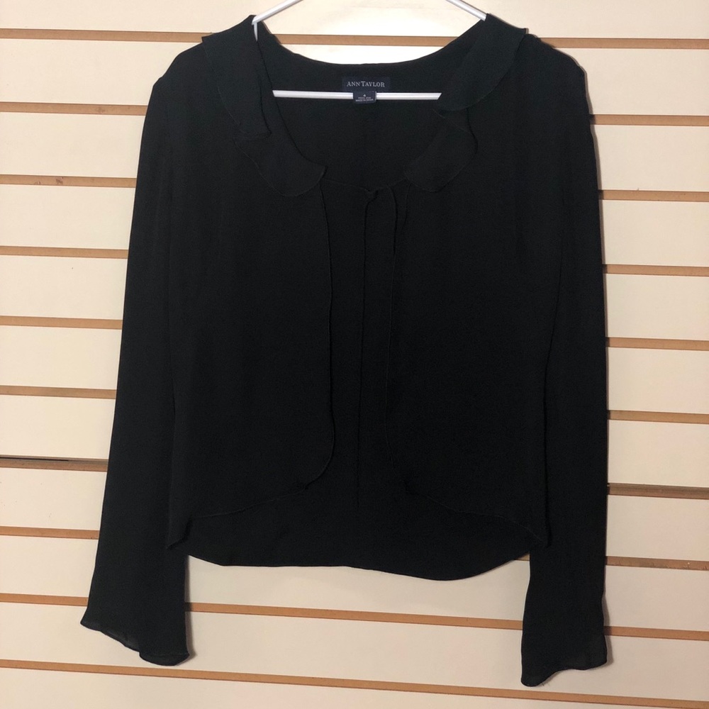 Ann Taylor black silk ruffled neck open front top